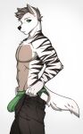 2023 absurd_res anthro big_bulge bottomwear bottomwear_pull bulge butt canid canine canis clothed clothing clothing_pull fur hair hi_res jockstrap lotusgarden male mammal pants pants_pull pulling_pants_up simple_background solo tail topless underwear white_background wolf