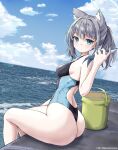  1girl absurdres animal animal_ear_fluff animal_ears ass bare_arms bare_shoulders blue_archive blue_eyes blue_one-piece_swimsuit blue_sky breasts bucket cloud cloudy_sky competition_swimsuit english_commentary fish from_behind grey_hair highres holding holding_animal holding_fish looking_at_viewer looking_back medium_breasts mishiku ocean official_alternate_costume official_alternate_hairstyle one-piece_swimsuit ponytail shiroko_(blue_archive) shiroko_(swimsuit)_(blue_archive) sitting sky solo swimsuit thighs wolf_ears wolf_girl 