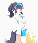  1girl animal_ears bare_shoulders black_hair blue_archive breasts cheerleader closed_mouth commentary_request crop_top dog_ears dog_girl dog_tail eyewear_on_head from_side halo hibiki_(blue_archive) hibiki_(cheer_squad)_(blue_archive) holding holding_pom_poms looking_at_viewer midriff millennium_cheerleader_outfit_(blue_archive) mimitoke miniskirt official_alternate_costume pleated_skirt pom_pom_(cheerleading) ponytail simple_background skirt small_breasts solo standing star_sticker sticker_on_arm sticker_on_face tail text_print white_background white_skirt yellow_halo 