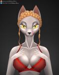 anthro blonde_hair braided_hair canid canine canis female furry glitter hair hi_res lace lace_lingerie mammal molesondrive piercing solo tongue tongue_piercing wolf