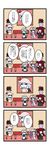  4koma black_wings blue_hair braid chibi comic crescent curtsey dora_ita grey_hair head_wings highres izayoi_sakuya koakuma long_hair maid_headdress multiple_girls patchouli_knowledge portrait_(object) purple_hair red_hair remilia_scarlet sweatdrop touhou translated twin_braids wings 