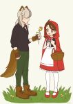  1boy 1girl animal_ears apron arven_(pokemon) basket big_bad_wolf big_bad_wolf_(cosplay) black_shirt braid brown_eyes brown_hair capelet cloak cosplay dress flower highres holding holding_flower hood hooded_capelet juliana_(pokemon) kazumi_yutaka little_red_riding_hood little_red_riding_hood_(grimm) little_red_riding_hood_(grimm)_(cosplay) long_hair multicolored_hair open_mouth pokemon pokemon_sv red_capelet red_cloak red_hood rose shirt short_hair side_braid smile tail two-tone_hair white_apron wolf_boy wolf_ears wolf_tail yellow_flower yellow_rose 