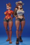 aloha_shirt anthro big_breasts boots bottomwear breasts brown_hair chip_&#039;n_dale_rescue_rangers chip_(disney) chipmunk clothing crossgender cutoffs daisy_dukes dale_(disney) denim denim_bottomwear denim_clothing disney duo female flip_flops footwear ground_squirrel hair hand_on_hip hat headgear headwear hi_res hotpants jacket long_hair mammal mayosplash midriff mtf_crossgender navel pattern_clothing pattern_shirt pattern_topwear rodent sandals sciurid shirt shorts smile teeth thick_thighs topwear