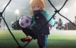  1girl ball blurry blurry_background brown_eyes gloves hair_between_eyes highres idolmaster idolmaster_cinderella_girls jacket kkkanjikkk leg_up long_hair long_sleeves orange_hair outdoors red_footwear shoes shorts sneakers soccer_ball soccer_uniform solo sportswear yuuki_haru 