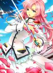  aiguillette blue_eyes cherry_blossoms epaulettes highres jewelry kawakami_tomoko long_hair pink_hair ring school_uniform shoujo_kakumei_utena solo sword tenjou_utena weapon yuh 