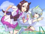  2girls animal_ears aqua_eyes dress frilled_skirt frilled_sleeves frills green_shorts highres horse_ears horse_girl horse_tail houton_tamago multicolored_hair multiple_girls open_mouth outdoors purple_eyes running seiun_sky_(umamusume) short_hair shorts skirt special_week_(umamusume) tail thighhighs two-tone_hair two-tone_shirt umamusume white_dress white_thighhighs 