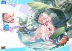  1girl 2023 bare_shoulders barefoot benghuai_xueyuan bird character_name choker copyright_name flower hair_flower hair_ornament honkai_(series) looking_at_viewer official_art pink_hair plant red_eyes second-party_source sitting swimsuit thigh_strap tsumugi_(benghuai_xueyuan) wading 