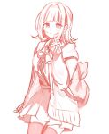  1girl :o animal_bag backpack bag blunt_bangs blush cat_bag collared_shirt danganronpa_(series) danganronpa_2:_goodbye_despair flipped_hair hand_up highres ima_(kon_kon_5) jacket medium_hair miniskirt monochrome nanami_chiaki neck_ribbon open_clothes open_jacket ribbon shirt shirt_tucked_in simple_background skirt solo thighhighs white_background 