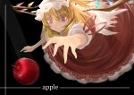  1girl ankh_(ankh_05) apple black_background blonde_hair dark_background english_text flandre_scarlet food fruit glowing glowing_wings hat lace-trimmed_skirt lace_trim looking_at_food mob_cap multicolored_wings puffy_short_sleeves puffy_sleeves red_apple red_eyes red_skirt red_vest shirt short_sleeves simple_background skirt sleeve_ribbon solo touhou vest white_headwear white_shirt wings 