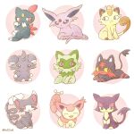  :3 animal_focus artist_name black_fur blue_eyes bright_pupils brown_eyes claws closed_mouth colored_sclera commentary_request curled_tail espeon espurr forehead_jewel forked_tail glameow green_eyes green_fur grey_fur highres jack-san litten lying meowth no_humans on_stomach pokemon pokemon_(creature) purple_eyes purple_fur purrloin red_eyes red_fur sitting skitty smile sneasel species_connection sprigatito tail twitter_username two-tone_fur white_pupils yellow_sclera 