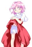  1girl bloomers clothes_lift dress dress_lift feet_out_of_frame legs_apart lifted_by_self looking_at_viewer nonamejd official_style parted_bangs pink_eyes pink_hair red_dress sara_(touhou) short_hair simple_background single_horizontal_stripe solo standing touhou touhou_(pc-98) white_background white_bloomers zun_(style) 