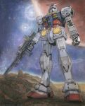  2021 asteroid beam_rifle damaged dated dirty earth_federation_space_forces emblem energy_gun glowing glowing_eyes gundam highres machinery mecha mike_winterbauer mobile_suit mobile_suit_gundam no_humans original realistic redesign robot rx-78-2 scan science_fiction signature space starry_background traditional_media weapon 