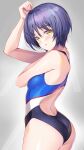  1girl ass blue_hair breasts bucchake_(asami) commentary_request competition_swimsuit gradient_background grey_background highres looking_at_viewer multicolored_clothes multicolored_swimsuit one-piece_swimsuit original short_hair small_breasts solo standing swimsuit yellow_eyes 
