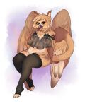anthro avian bird boopeep bottomless breasts clothed clothing eastern_screech_owl feathered_wings feathers felid feline female gryphon hi_res legwear lingerie looking_at_viewer mammal mythological_avian mythology nipples owl pallas&#039;s_cat screech_owl sitting slightly_chubby smile solo sona_(noxiis) thigh_highs toeless_thigh_highs translucent translucent_clothing true_owl wide_hips wings
