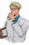  1boy blonde_hair blue_shirt brown_eyes chair clipboard coffee collared_shirt cup disposable_cup english_commentary glasses holding holding_clipboard holding_cup jujutsu_kaisen lab_coat long_sleeves male_focus nanami_kento necktie nume_x paper shirt short_hair solo upper_body watch wristwatch yellow_necktie 