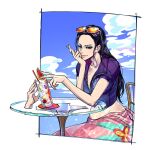  1girl black_hair blue_eyes blue_jacket border cloud commentary_request crossed_fingers drinking_straw eg_(eastg111) elbow_on_table extra_hands eyewear_on_head glass jacket korean_commentary long_hair looking_at_viewer nico_robin on_chair one_piece pink_sarong sidelocks sitting sky smile solo table white_border 