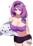  1girl artist_name bandeau bare_shoulders black_hairband black_shorts blush breasts cleavage closed_mouth collarbone commission hairband highres holding holding_stuffed_toy large_breasts looking_at_viewer mole mole_under_eye navel original purple_eyes purple_hair rukiadaichi shorts smile solo strapless stuffed_seal stuffed_toy tube_top 