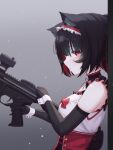  1girl absurdres animal_ear_fluff animal_ears assault_rifle black_gloves black_hair breasts closed_mouth commentary_request corset elbow_gloves from_side gloves gradient_background gun highres holding holding_gun holding_weapon korean_commentary looking_at_viewer maid_headdress medium_breasts medium_hair mixed-language_commentary multicolored_hair neck_garter original peng_kun red_corset red_eyes red_hair red_ribbon ribbon rifle sideways_mouth sleeveless solo streaked_hair upper_body weapon wrist_cuffs 
