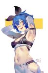  1girl armpits arms_behind_head arms_up bandaid bandaid_on_face bandaid_on_nose black_camisole black_hairband black_ribbon blue_hair blush borrowed_character breasts bright_pupils brown_eyes camisole character_name clothing_cutout cowboy_shot crop_top dif_(difman) eyes_visible_through_hair groin hair_between_eyes hair_ribbon hairband highres hip_vent liren44 long_sleeves looking_at_viewer medium_breasts midriff mole mole_under_eye navel open_mouth original presenting_armpit ribbon short_hair shorts shrug_(clothing) smile solo spaghetti_strap standing twitter_username white_background white_pupils white_shorts white_shrug 