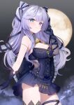  1girl arm_ribbon blue_eyes blue_gloves blue_ribbon blue_skirt breasts cleavage commentary_request commission cone_hair_bun fog full_moon gloves hair_bun heterochromia highres key kurage_cc long_hair looking_at_viewer moon otogi_nemu purple_eyes purple_hair re:act ribbon single_sleeve skeb_commission skirt solo thigh_strap virtual_youtuber 