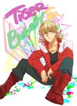  bad_id bad_pixiv_id barnaby_brooks_jr blonde_hair boots glasses green_eyes jacket jewelry looking_at_viewer male_focus namiki_(artist) necklace red_jacket sitting solo tiger_&amp;_bunny 