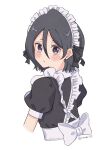  1girl absurdres alternate_costume apron back_bow black_dress black_hair bleach blush bow cropped_arms cropped_torso dress enmaided frilled_apron frills hair_between_eyes highres kuchiki_rukia looking_at_viewer looking_back maid maid_apron maid_headdress parted_lips puffy_short_sleeves puffy_sleeves purple_eyes rinner373 short_hair short_sleeves simple_background solo twitter_username upper_body white_apron white_background white_bow 