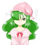  1girl :d bow crescent_print green_eyes green_hair hair_over_one_eye hat kazami_yuuka kazami_yuuka_(pc-98) long_hair looking_at_viewer nightcap nonamejd official_style pink_headwear red_bow simple_background smile solo star_(symbol) star_print touhou touhou_(pc-98) upper_body white_background zun_(style) 
