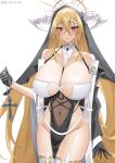  1girl absurdres artist_name azur_lane bare_shoulders black_gloves blonde_hair breast_cutout breasts cleavage covered_navel cowboy_shot cross fake_horns gloves habit hair_between_eyes half_gloves heiyu_corleone highres holding holding_cross horns huge_breasts implacable_(azur_lane) long_hair looking_at_viewer no_panties nun pelvic_curtain red_eyes revealing_clothes see-through simple_background skindentation solo thighhighs very_long_hair white_horns white_thighhighs 