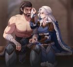  1boy 1girl abs absurdres artist_name ashe_(league_of_legends) beard blue_eyes brown_hair collarbone couple dagikatt english_commentary facial_hair fingernails highres holding_hands husband_and_wife injury league_of_legends long_hair looking_at_another muscular muscular_male nipples one_eye_closed short_hair sitting smile tryndamere white_hair 