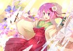  blush brush floral_print flower hair_flower hair_ornament hieda_no_akyuu japanese_clothes kimono long_sleeves open_mouth pink_hair purple_eyes scroll short_hair smile solo touhou yetworldview_kaze 