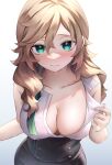  1girl absurdres ahoge blonde_hair blush breasts cleavage collarbone commentary_request corset from_above green_eyes hair_between_eyes highres large_breasts long_hair looking_at_viewer neit_ni_sei no_bra open_clothes open_shirt original shirt sleeveless sleeveless_shirt solo upper_body wet white_shirt 