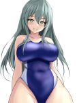  1girl aqua_eyes aqua_hair blue_one-piece_swimsuit breasts collarbone commentary competition_swimsuit covered_navel cowboy_shot hair_between_eyes hair_ornament hairclip highleg highleg_swimsuit highres kantai_collection large_breasts long_hair looking_at_viewer montemasa one-hour_drawing_challenge one-piece_swimsuit simple_background smile solo suzuya_(kancolle) swimsuit twitter_username two-tone_swimsuit white_background 