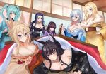  6+girls absurdres alan_(hfmr2278) alpha_(kage_no_jitsuryokusha_ni_naritakute!) animal_ear_fluff animal_ears aqua_hair aqua_kimono bare_shoulders beta_(kage_no_jitsuryokusha_ni_naritakute!) black_kimono blonde_hair blue_eyes breasts brown_hair cat_ears cat_girl cleavage closed_mouth collarbone commentary_request delta_(kage_no_jitsuryokusha_ni_naritakute!) elf english_commentary epsilon_(kage_no_jitsuryokusha_ni_naritakute!) eta_(kage_no_jitsuryokusha_ni_naritakute!) gamma_(kage_no_jitsuryokusha_ni_naritakute!) glasses grey_hair grin hair_between_eyes highres indoors japanese_clothes kage_no_jitsuryokusha_ni_naritakute! kimono kotatsu large_breasts long_hair mixed-language_commentary multiple_girls off_shoulder open_mouth orange_kimono pointy_ears purple_eyes purple_kimono short_hair short_hair_with_long_locks slit_pupils smile standing table teeth twintails wolf_ears wolf_girl yellow_kimono zeta_(kage_no_jitsuryokusha_ni_naritakute!) 