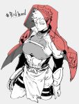  1boy 69bones absurdres braid corset crown_braid greyscale highres holster hood looking_at_viewer male_focus monochrome original pectorals popped_collar red_eyes short_hair signature spot_color thigh_holster twitter_username 