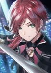  1boy black_jacket feathers green_eyes highres jacket key kurage_cc lauren_iroas lauren_iroas_(1st_costume) long_hair male_focus nijisanji open_clothes open_jacket ponytail red_eyes smile solo sword weapon 