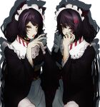  2girls absurdres animal_ears apron ban_(inui_toko) black_choker black_kimono choker cosplay covering_own_mouth dog_ears dog_girl flower hair_flower hair_ornament highres inui_toko inui_toko_(1st_costume) inui_toko_(cosplay) japanese_clothes ken_(inui_toko) kimono long_hair long_sleeves looking_at_viewer low_twintails maid maid_apron maid_headdress multiple_girls nijisanji nnmyc obi open_mouth personification purple_hair red_eyes red_flower sash siblings twins twintails very_long_hair wa_maid white_apron white_background wide_sleeves yellow_eyes yellow_sash 