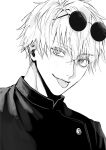  1boy :p eyewear_on_head gojou_satoru greyscale ha_mmmu highres jacket jujutsu_kaisen jujutsu_tech_uniform looking_at_viewer male_focus monochrome round_eyewear school_uniform short_hair simple_background smile solo sunglasses tongue tongue_out 