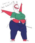 2020 2_horns 3_fingers 3_toes 9:11 anthro barefoot belly big_belly big_breasts biped black_eyebrows black_eyelashes black_text blue_clothing blue_panties blue_underwear bottomwear breasts clenched_teeth clothed clothed_anthro clothed_female clothing colored creaking digital_drawing_(artwork) digital_media_(artwork) dressing ellipsis emphatic_ellipsis english_text exclamation_point eyebrows eyelashes feet female female_anthro fingers front_view frustrated full-length_portrait furgonomic_topwear furgonomics generation_3_pokemon green_clothing green_shirt green_topwear groan horn latias legendary_pokemon long_neck markings narrowed_eyes navel nintendo obese obese_anthro obese_female onomatopoeia overweight overweight_anthro overweight_female panties pattern_bottomwear pattern_clothing pattern_panties pattern_underwear pokeball_panties pokeball_print pokemon pokemon_(species) pokemorph portrait red_facial_markings red_markings red_wings seam_(sewing) shirt simple_background solo sound_effects talking_to_belly talking_to_self tearing_clothing teeth text thatoneaceguy thick_thighs tight_bottomwear tight_clothing toes topwear torn_clothing unbuttoned unbuttoned_bottomwear underwear wardrobe_malfunction white_background white_fingers white_horn white_toes wings yellow_eyes