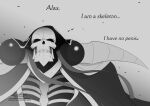 ainz_ooal_gown bone clothed clothing dialogue doktormalefic ellipsis english_text eyeless gradient_background hi_res monochrome noseless rib_cage simple_background skeleton solo teeth text undead