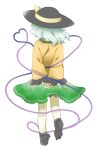  1girl aqua_hair arms_behind_back black_headwear black_socks double_horizontal_stripe from_behind full_body green_skirt hat heart heart_of_string kneepits komeiji_koishi leg_up nonamejd official_style own_hands_together shirt short_hair simple_background skirt socks solo touhou white_background yellow_shirt zun_(style) 
