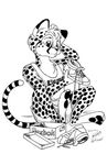  black_and_white cheetah clothing confused digitigrade feline male mammal michele_light monochrome plain_background reebok shirt shoes shorts simple_background solo spots tail white_background 