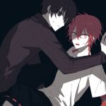  2boys black_eyes black_hair black_sweater braid facing_to_the_side fang haebu long_sleeves looking_at_viewer maeno_aki male_focus multiple_boys open_mouth pale_skin red_eyes red_hair shirt short_hair short_hair_with_long_locks sweatdrop sweater teeth tsugino_haru turtleneck turtleneck_sweater white_shirt zeno_(game) 