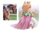  1girl 1other animal_ears cape commentary creature_and_personification crown horse horse_ears kaulen.f long_sleeves mini_crown orange_hair photo-referenced pink_cape real_life reference_inset t.m._opera_o_(racehorse) t.m._opera_o_(umamusume) umamusume upper_body 