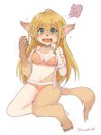 ?! anthro artist_name blonde_hair blue_eyes bodily_fluids brown_body brown_fur camisole canid canine claws clothing confusion crying female fluffy_ears fur hair human lace-trimmed_bra lace-trimmed_panties long_hair looking_at_viewer mammal navel neck_tuft open_mouth simple_background solo tail tears toraneko38 transformation tuft underwear white_background