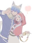  1boy 1girl absurdres adapted_costume animal_ear_fluff animal_ears apple belt big_bad_wolf big_bad_wolf_(cosplay) blue_coat blue_eyes blue_hair blue_nails bow bowtie capelet choker claw_pose coat collar cosplay crescent crescent_earrings earrings elf fake_animal_ears fake_tail food frieren fruit fur-trimmed_coat fur_trim grey_hair hair_between_eyes hair_over_shoulder hand_up highres himmel_(sousou_no_frieren) holding holding_leash hood hood_up hooded_capelet jewelry leash little_red_riding_hood_(grimm) little_red_riding_hood_(grimm)_(cosplay) long_hair long_sleeves mole mole_under_eye nail_polish open_mouth parted_bangs pointy_ears red_bow red_bowtie red_capelet red_hood sachinyopo shirt short_hair simple_background skirt sousou_no_frieren striped_clothes striped_shirt tail twintails upper_body white_background white_skirt wolf_ears wolf_tail 