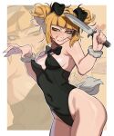  1girl absurdres alternate_costume animal_ears black_bow black_bowtie blonde_hair blood blood_on_face blunt_bangs boku_no_hero_academia border bow bowtie breasts cleavage double_bun english_commentary fake_animal_ears fang fur_bracelet hair_bun hands_up highres holding holding_knife knife playboy_bunny porqueloin rabbit_ears rabbit_tail shiny_skin smile tail toga_himiko white_border 