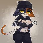 anthro belt big_breasts black_bottomwear black_bra black_clothing black_eyeshadow black_hat black_headwear black_hoodie black_pants black_topwear black_underwear bottomwear bra breasts brown_body brown_fur cheek_tuft cleavage clothed clothing dipstick_tail domestic_cat ear_piercing ears_down epic_games eyelashes eyeshadow facial_tuft felid feline felis female fortnite fur grey_background hand_on_chest hat headgear headwear hi_res hoodie lazzyduck looking_at_viewer makeup mammal markings meow_skulls_(fortnite) navel pants piercing pivoted_ears purple_body purple_fur raised_clothing raised_topwear simple_background solo tail tail_markings topwear tuft underwear yellow_eyes