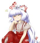  1girl blunt_bangs brown_shirt buttons closed_mouth collared_shirt dress_shirt fujiwara_no_mokou hand_up long_hair nonamejd official_style pants red_pants shirt short_sleeves simple_background smile solo suspenders touhou very_long_hair white_background white_hair zun_(style) 