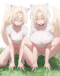  1girl 2girls absurdres all_fours animal_ears barefoot blonde_hair blue_eyes bone breasts dog dog_ears dog_girl dog_tail fuwawa_abyssgard grass hair_intakes highres hololive hololive_english huge_breasts large_breasts long_hair looking_at_viewer matching_outfits mococo_abyssgard mouth_hold multicolored_hair multiple_girls navel one_eye_closed panties pink_eyes prab see-through see-through_shirt shirt short_sleeves siblings small_breasts smile squatting streaked_hair tail taut_clothes taut_shirt tongue tongue_out twins underwear virtual_youtuber 