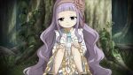  1girl dress flower forest gate_of_nightmares grass hair_flower hair_ornament highres iris_(gate_of_nightmares) long_hair looking_at_viewer nature official_art outdoors plant purple_eyes purple_hair red_flower red_rose rose sitting solo tree white_dress 